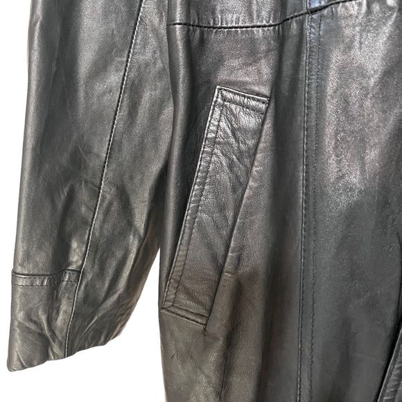Long Leather Trench Coat Size 40 Which is Med to L Belted Single Breasted - Picture 6 of 10